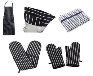 4 Piece Cotton Kitchen Linen Set Bib Apron Oven Glove Tea Towel & Hat Navy Blue - Picture 1 of 25