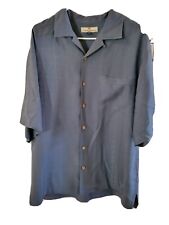 Mens Tommy Bahama Medium Blue Striped 100% Silk Short Sleeve Button Front Shirt