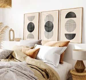Black and Beige Abstract Circle Line Art Set of 3 Wall Canvas Paintings - Picture 1 of 6