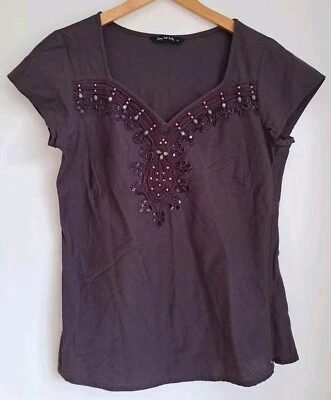 Long Tall Sally Top Cotton Linen Cap Sleeve Beaded Embroidered Details UK 14 - Image 1 of 4