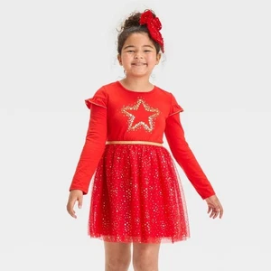 Cat & Jack Girl's Long Sleeve Holiday Star Tulle Christmas Dress 8, Medium #6810 - Picture 1 of 8