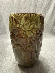 "Florero vintage Royal Haeger verde/marrón esmalte por goteo floral de 7,5"" R652" - Imagen 1 de 13