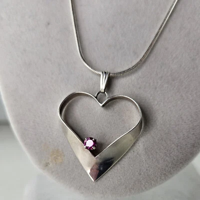 Sterling Silver Heart Pendant with 1 Ruby and 20-inch Necklace 8.6g [8345] - Image 1 of 4