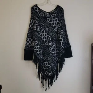 Indigo Black & White Print Sweater Poncho W/ Fringe L - Picture 1 of 7