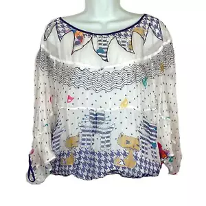 Marc by Marc Jacobs White Cat & Bunting Mesh Silk Top UK M - Picture 1 of 4