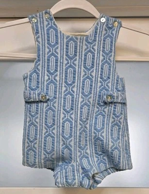VTG 1960s Carters Baby Shortall Romper Blue White Woven Jacquard 12 Mos 19-22 lb - Image 1 of 4