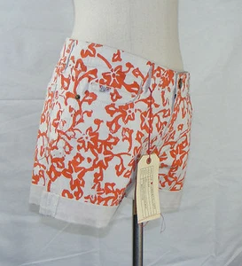 DVF & Current/Elliott 27 Cuffed Denim Shorts Floral Coral Burma Rose Orange Tan - Picture 1 of 4