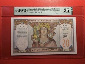 French Indochina 20 Piastres 1928-31 Pick 50 PMG 35 Choice Very Fine - Rare - Picture 1 of 2