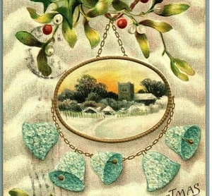 Shiny Blue Bells Oval Frame Print Holly Berries Mistletoe Christmas Xmas 5518 - Picture 1 of 3