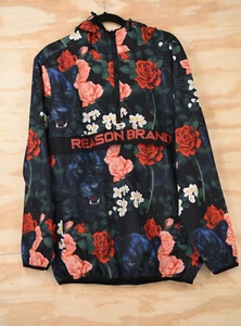 Reason Brand 1/2 Zip Black Panther Floral Hooded Windbreaker Rain Jacket Large - Picture 1 of 7
