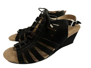 Woman’s Black Open Toe Wedge Sandals 10M Shoes Lace Buckle Suede  Pierre Dumas - Picture 1 of 12