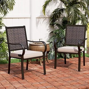 Patio Dining Chairs Set of 2 Outdoor Rattan Wicker Chairs with Cushion - Picture 1 of 7