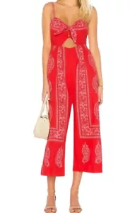 Free People Feel the Sun Jumpsuit Size 2 Red Linen Wide Leg Bandana Print Boho - Picture 1 of 17