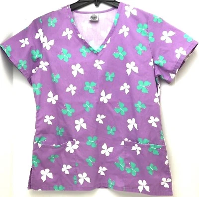 Purple Size Small Teal Green And White Butterflies Medical Nurse Scrub Top - Image 1 of 4
