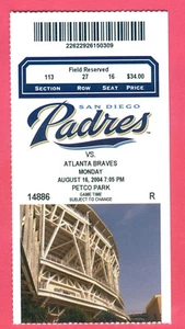 BRAVES CHIPPER JONES HR #300 AT PADRES TICKET STUB - Picture 1 of 1