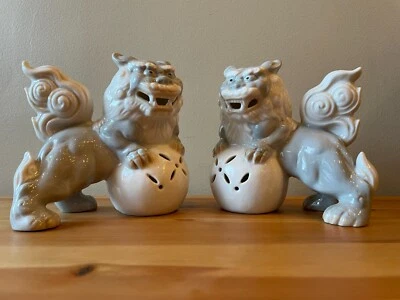 Pale Celadon Color Glazed Porcelain Foo Dogs EXCELLENT VTG CONDITION 5” Pair - Image 1 of 4