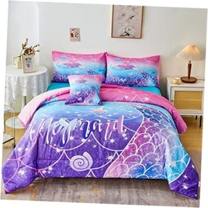 Mermaid Comforter Set 6Pcs, Kids Gilrs Bed in a Bag Full (6-Piece) Purple Blue - Picture 1 of 7