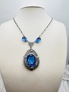Antique Art Deco Blue Glass Lavaliere Rhodium Plated Filigree Necklace 21 inches - Picture 1 of 9