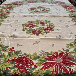 Vtg Christmas Tablecloth Holly & Berries Poinsettias Gold Leaves 52”x60” - Picture 1 of 14