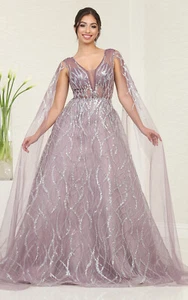 Royal Queen RQ8082 A-Line Mauve Cape Sleeve Red-Carpet Gown - Picture 1 of 6