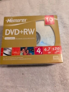 Memorex DVD + RW 10 Pack 4X 4.7 GB 120 Min Rewritable Discs New Sealed Pack - Photo 1/6