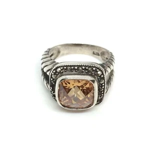 VINTAGE STERLING SILVER 925 CUSHION CUT TOPAZ COLORED RHINESTONE RING MARCASITES - Picture 1 of 16