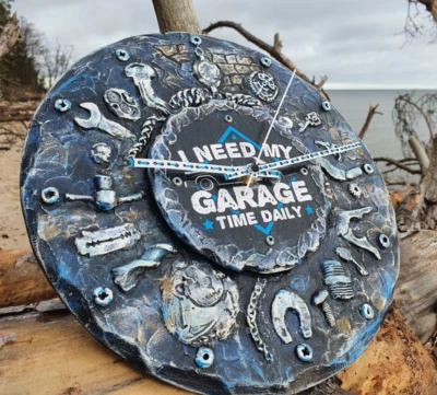 Garage Wall Clock/ Crafted Car Biker Gift Men Wood Clock/HandMade/Steampunk/OOAK - Image 1 of 4