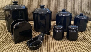 Vintage Black Ceramic Canister Set w/ S & P Shakers & Napkin Holder & Spoon Rest - Picture 1 of 23