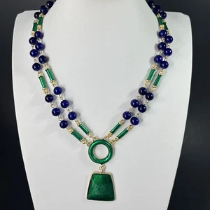 Collana di perle in vetro verde blu boemo tono oro pavone stile art deco - Foto 1 di 10