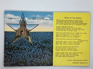 Postcard Texas in the Spring Poem State Capitol Blue Bonnets Linen H309 - Picture 1 of 2
