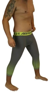 New Mens Under Armour 3/4 Compression Tights Grey Yellow L XL 2XL Gym Sale - Picture 1 of 8