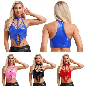 Womens Tops Wetlook Vest Wet Look Shirts Back Zipper Crop Top Metallic Tank Club - Picture 1 of 45