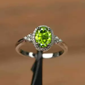2.96 Ct Oval Cut Natural Peridot & Diamond Wedding Ring Solid 14k White Gold 7 8 - Picture 1 of 11
