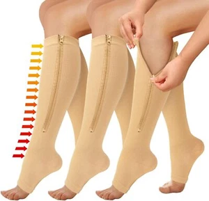 Zipper Compression Socks 20-30mmHg Open Toe Leg Support Toeless For Men Women - Picture 1 of 20