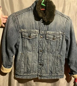 Vintage Y2K Gap Denim Jean Jacket Teddy Fur Lined Sherpa Kids M (8) - Picture 1 of 4