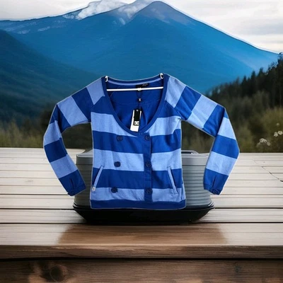 DC Shoes Blue Striped Button Front Regatta Jersey Sweater Womens Medium - Image 1 of 4