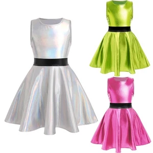 Kids Girls Costume Metallic Skirt Holiday Dress Performance Round Neck Theme - Picture 1 of 15