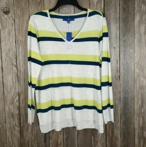 NEW Apt 9 Sweater Women's PL LP Cream Blue Green Striped V Neck  - Picture 1 of 5