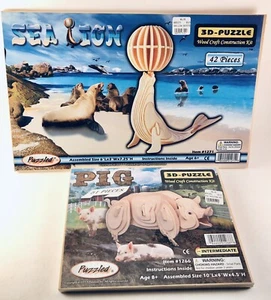 2 Wooden 3D Puzzles-Sea Lion - Ages 6+ (42 Pieces) & Pig - Ages 8+ (51 Pieces) - Picture 1 of 5