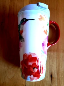 Evergreen Red Hummingbird Travel Mug 17 oz Perfect Condition Flowers Birds - Picture 1 of 8
