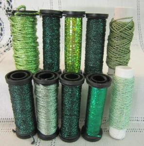 10 Kreinik Metallic GREENS Braids Blending Filament Ribbon Thread NO LABELS lot - Picture 1 of 8