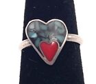 Heart Shaped Sterling Silver Ring Turquoise & Red Coral Inlay SZ 4 