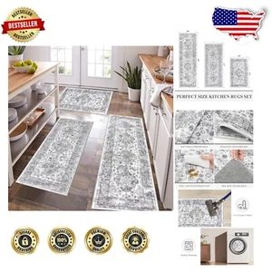 Multi-Purpose Kitchen Rugs Set: Non-Slip Washable Floor Mats in Vintage Grey - Picture 1 of 9