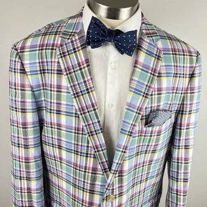 SUMMERY Saddlebred 46L pastel multicolor plaid sport coat cotton madras - Picture 1 of 11