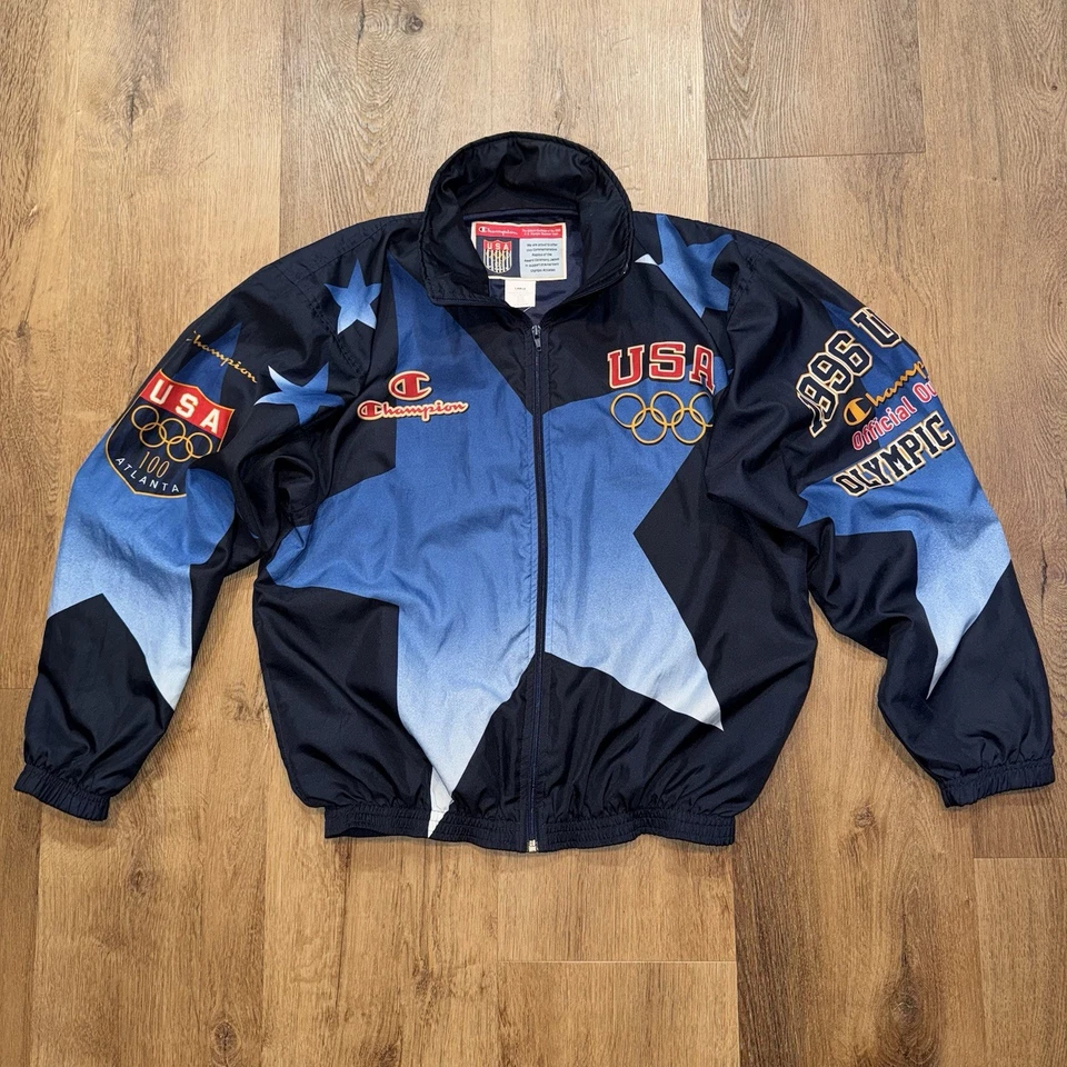 Jaqueta vintage campeã equipe olímpica EUA quebra-vento 1996 Atlanta pista grande - Imagem 1 de 4