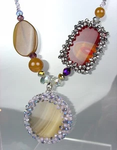 UNIQUE Brown Marble Agate Chalcedony Pink Lavender Crystals Necklace Earrings - Picture 1 of 11