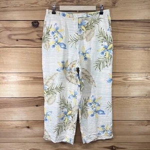 Izod Pants 12 100% Silk Washable Floral Yellow Blue Capri Crop Hawaiian B176 - Picture 1 of 14