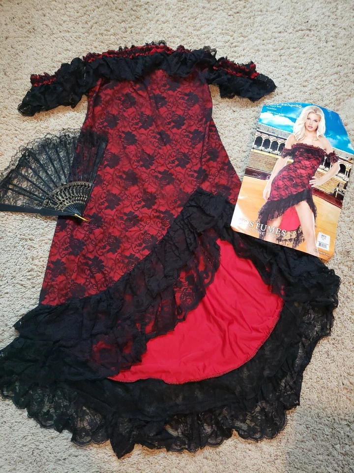 Costumes By Coquette Sexy Senorita Lace Dress w Fan Hispanic Mexican Womans OS  - Image 1 of 4
