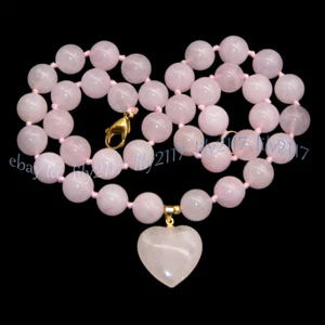 Natural Pink Rose Quartz Round Gems Heart Shaped Pendant Necklaces 6/8/10/12mm - Picture 1 of 10