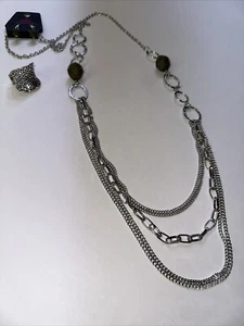Jewelry Set Paparazzi Necklace Earrings Ring Silver Green Chic Modernist Flapper - Picture 1 of 16